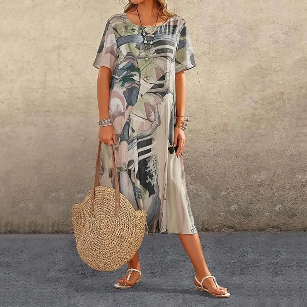 

Summer Midi Dress O Neck Irregular Printing Short Sleeve Dress A-line Loose Hem Mid-calf Length Lady Casual Long Dress