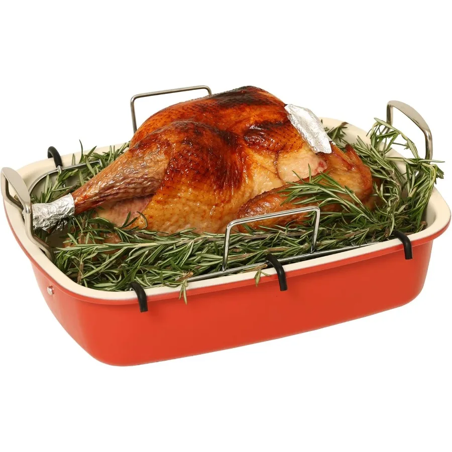Bandeja para asar pavo con rejilla, bandeja para asar antiadherente grande en forma de EE. UU., 17,3 x 14,6 pulgadas, para horno profundo de pavo o pollo de 25 lb.