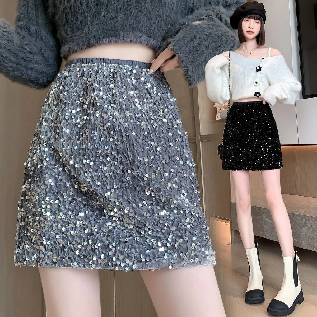 

Блестящая юбка А-силуэта с пайетками, с завышенной талией, утягивающая, короткая, для летних вечеринок, сияющая, в стиле гайру, сексуальная женская юбка