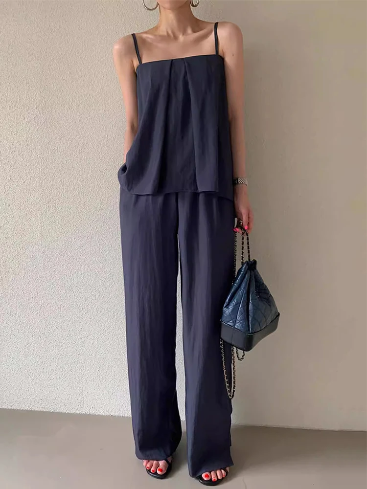 

Ele Summer Vintage Square Collar Pleated Versatile Strap Vest High Waist Wide Leg Pants Long Pants Set Women's Faion
