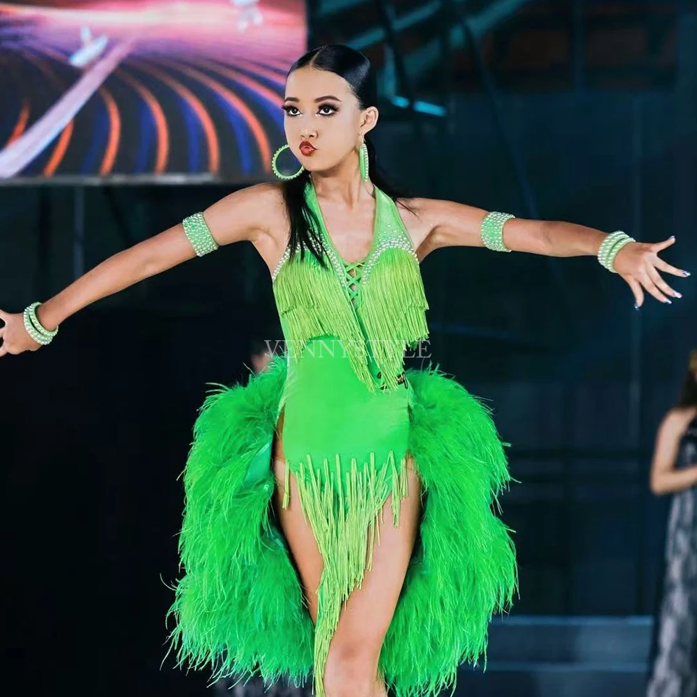 

Vennystyle Latin Dance Dress Custom Made Rhinestone Feather Fringe Ballroom Performance Competition Costume Elegant