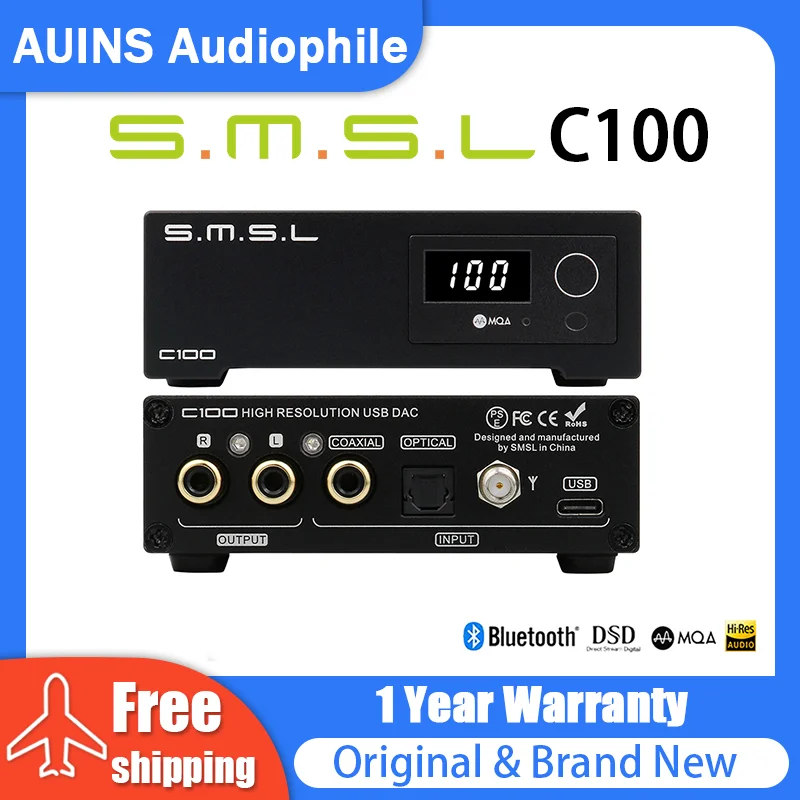 SMSL C100 MQA DAC AK4493S XMOS XU316 DSD512 CK-03 Clock 32Bit 768KHZ Optical Coaxial USB Bluetooth Decoder With Remote Control