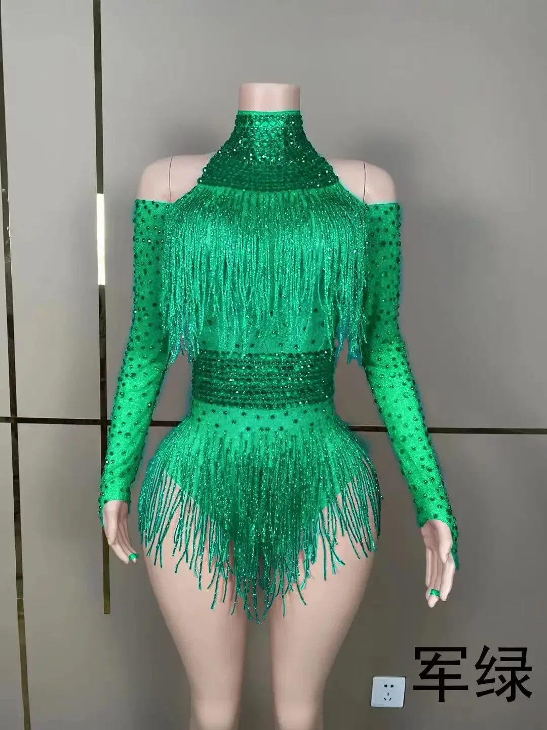 Women Gogo Dance Rave Outfit Dj Ds Stage Jazz Clothes Clubwear Drag Queen Bodysuit Green Red Black Rhinestones Fringed Bodysuit