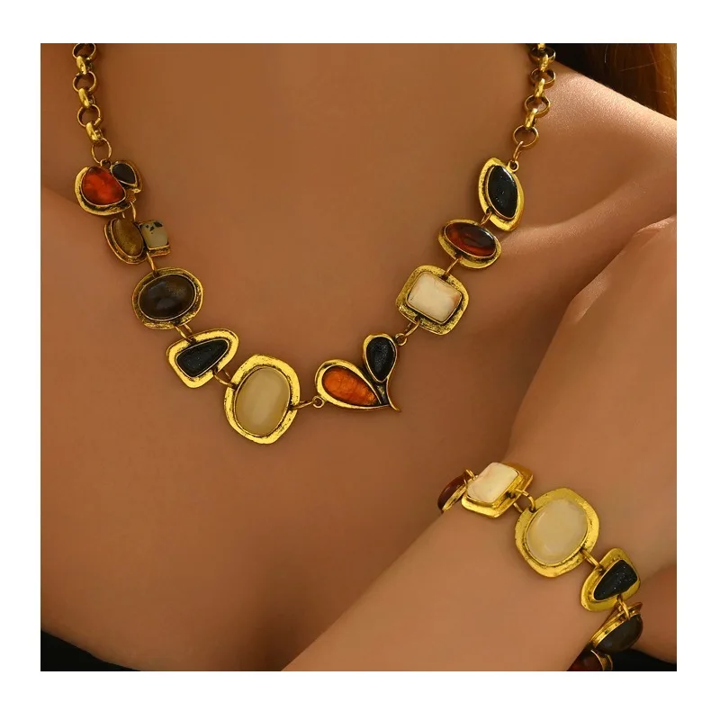 

Горячая распродажа: Женский ювелирный набор с драгоценными камнями, геометрический дизайн, колье и браслет