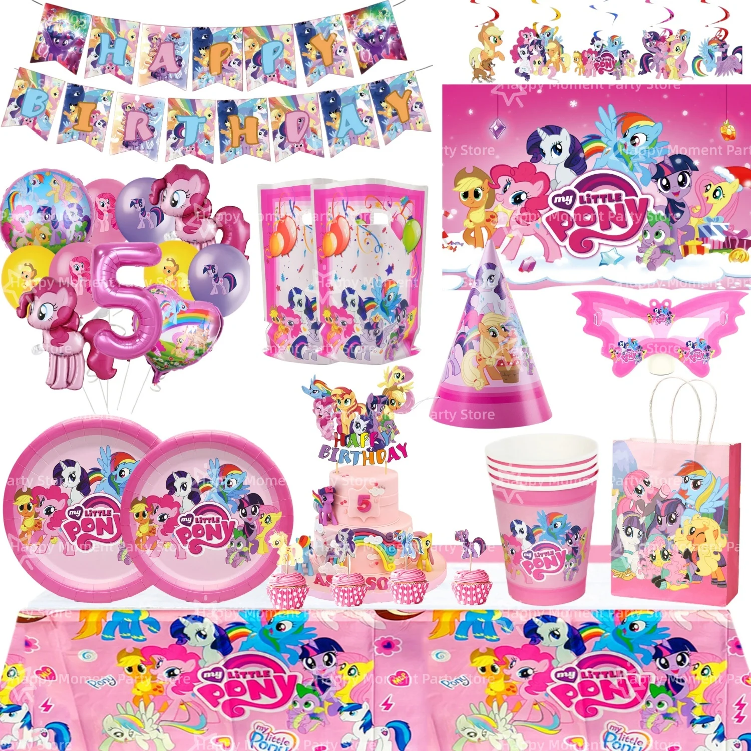 Juego de decoración para fiesta de cumpleaños de Pony rosa, vajilla, mantel, plato, taza, bolsas de regalo, servilleta, suministros para fiesta de Pony, Baby Shower