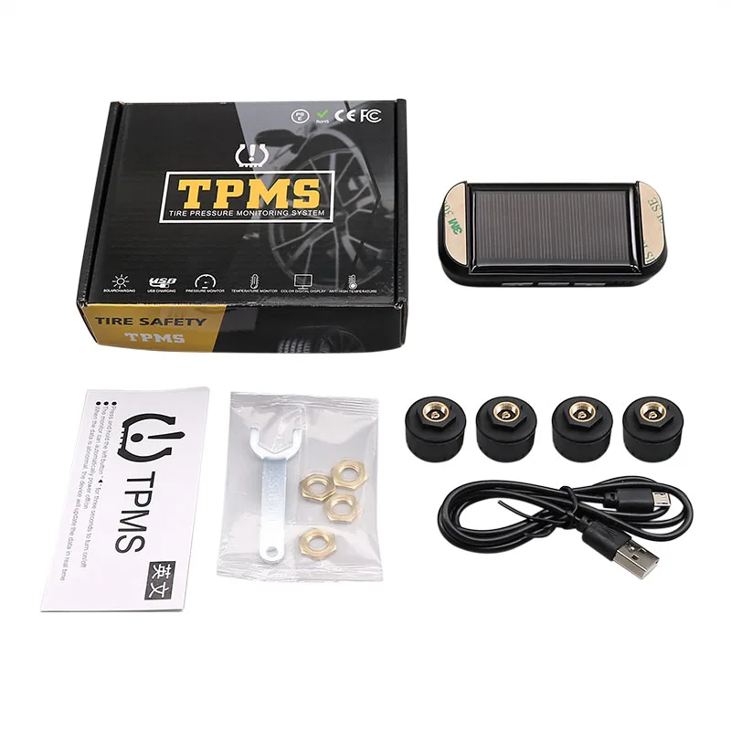 Solar Car TPMS Tire Pressure Alarm Monitor System 4 External Sensors Temperature Warning Fuel Save