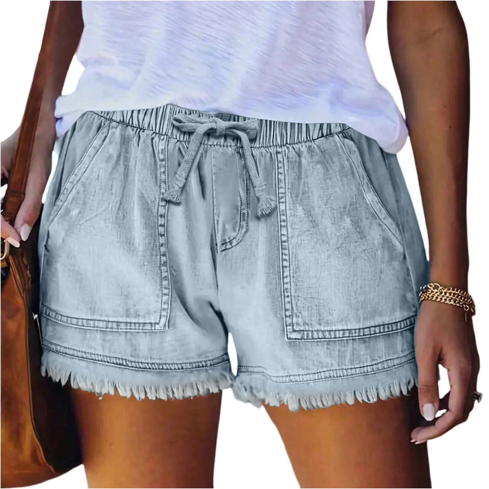 

Женские джинсовые шорты Светло-серые повседневные шорты с завязками и необработанными краями Тонкие шорты в ленивом стиле Повседневная одежда для отпуска