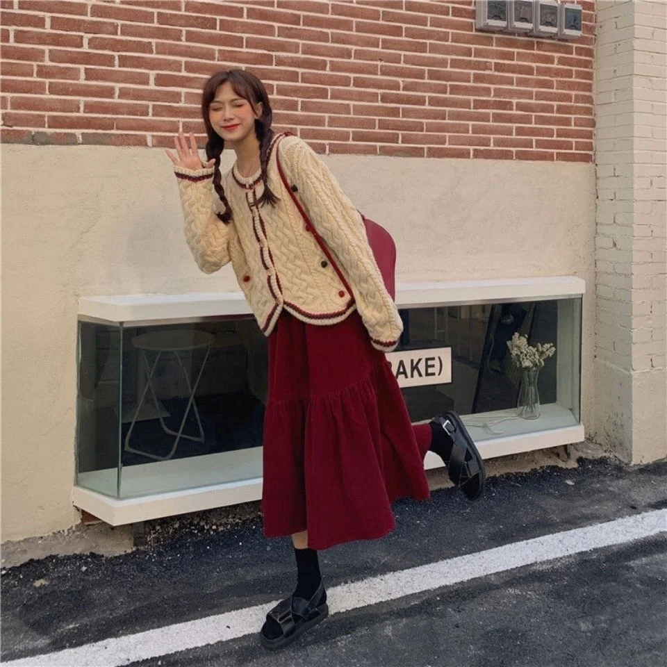 

Осень и зима, пикантная вельветовая рождественская юбка в американском стиле для девочек, женская эластичная бордовая юбка в стиле ретро с высокой талией