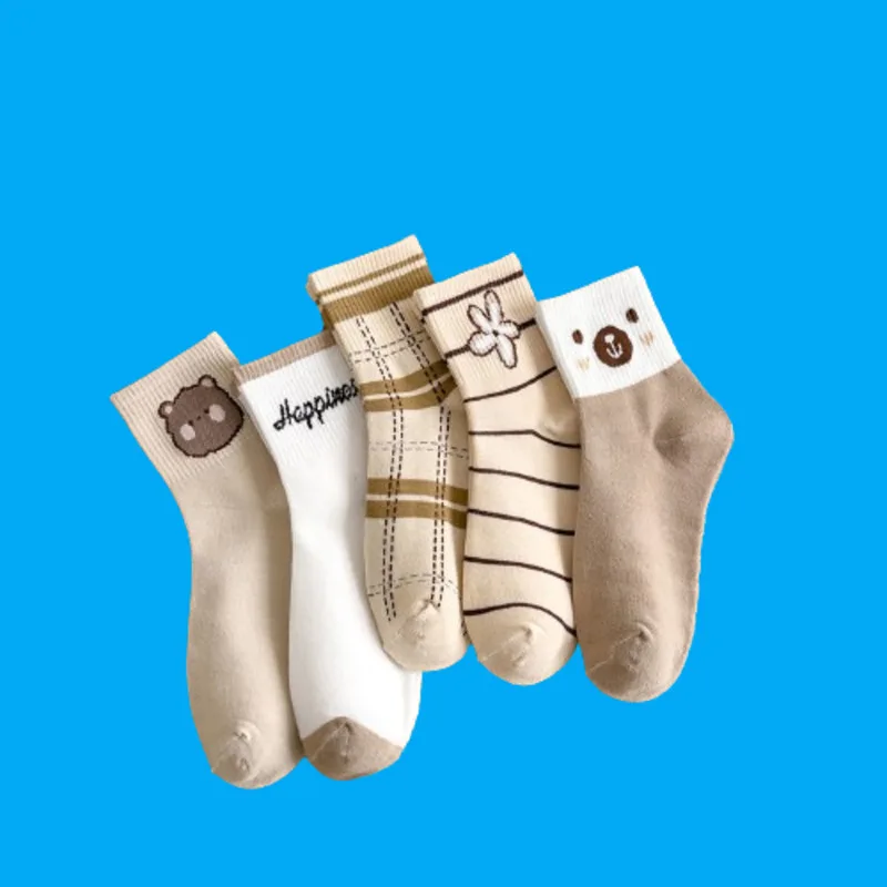 5/10 Pairs 2024 New Women's Trendy All-match Cartoon Cotton Socks Student Socks Women's Girls Cute Brown Bear Middle Tube Socks