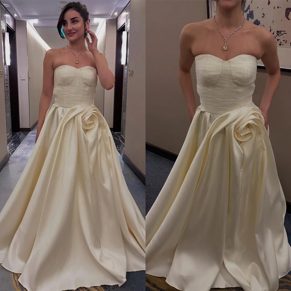Customized Elegant Strapless Evening Dress and Temperament Satin Special Occasion Gowns and Delicate Flowers Cocktail Dresses