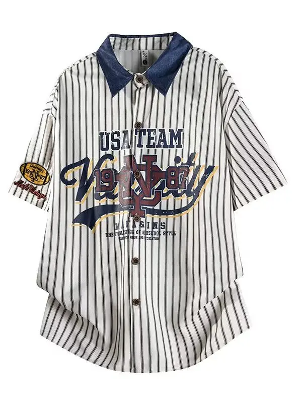 Summer American Retro College Style Printed Striped Short Sleeve Loose Shirt for Men And Women Casual Loose Casual Shirt