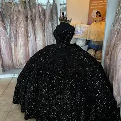 Black Quinceanrea Dresses Sweetheart Sequins Ball Gown Dress Sparkly Sweet 16 Princess Birthday Vestido De 15 Años Customized