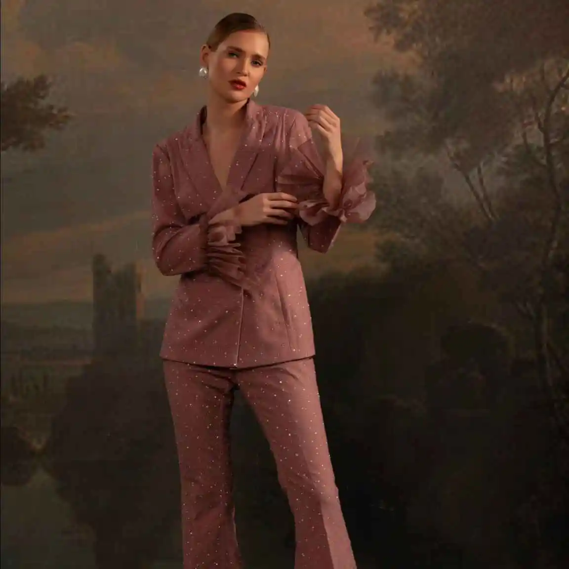 Beads Women Blazer Sets Customized 2 Pieces Double Breasted Jacket Set Ladies Pants Suits Formal Wedding Guest Wear