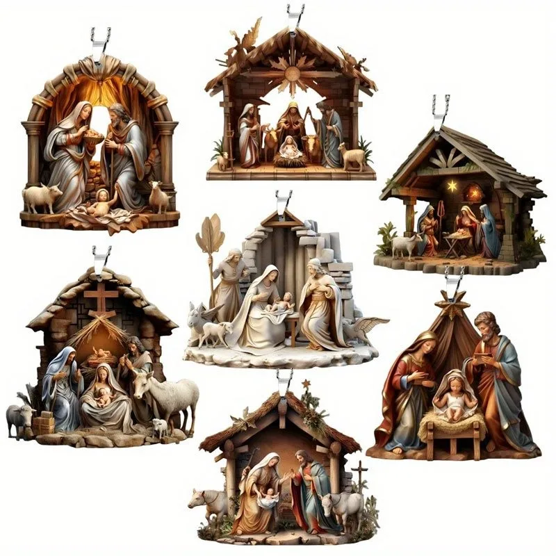 7Pcs Christmas Decoration Pendant Set, Flat Acrylic Design Nativity Scene Pendants, Christmas Tree Window Wall Ornaments
