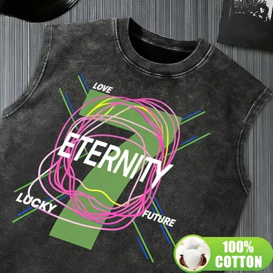 Abstract lines graffiti, green square design print, men's running sports vest, fitness vest