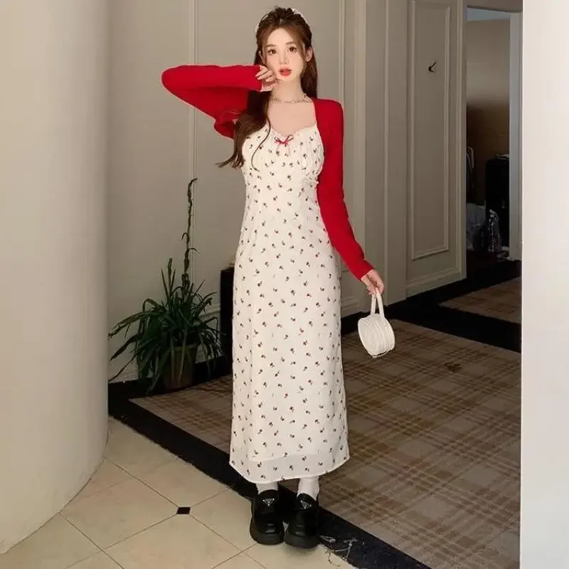 

Новый сладкий сексуальный комплект из 2 предметов, красный короткий кардиган с принтом, платье миди без рукавов, вечерние, японский модный костюм, женский