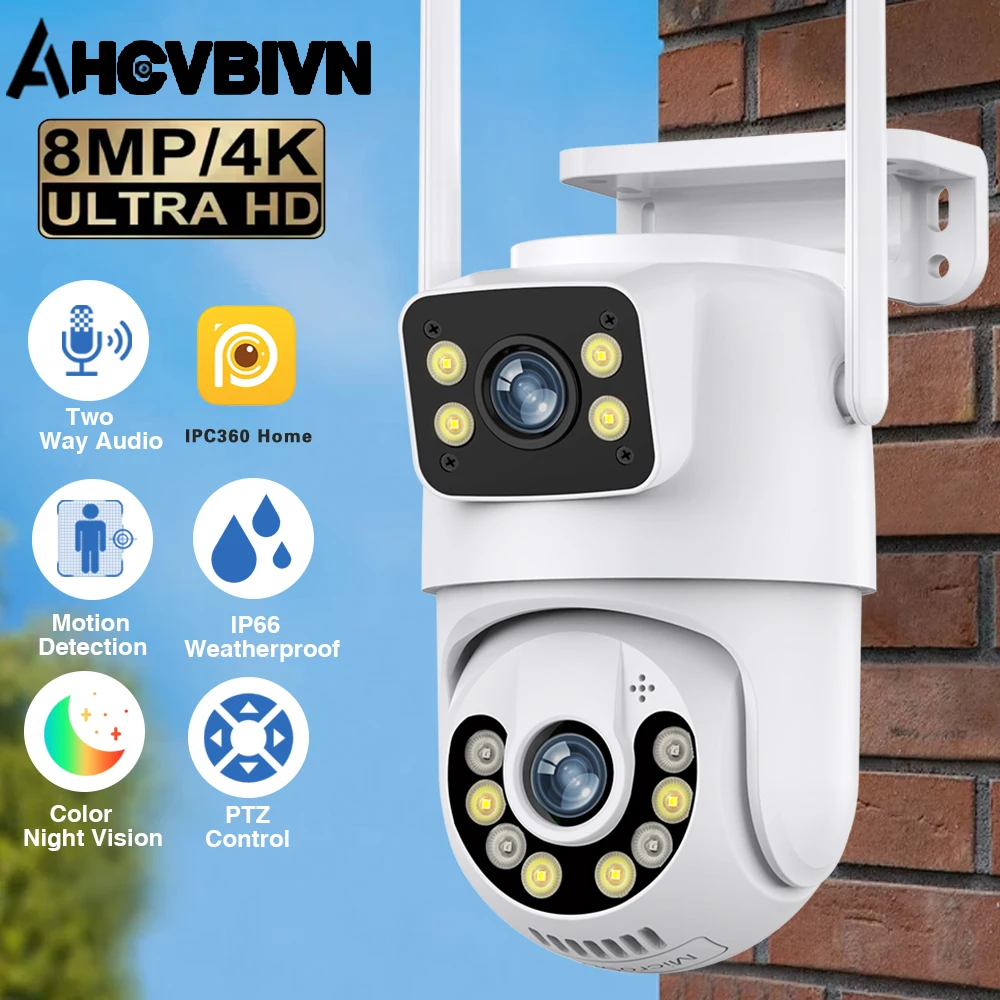 

Уличная беспроводная IP-камера безопасности 4K 8MP HD с двумя объективами, внешняя Wi-Fi PTZ-камера с автоматическим отслеживанием, уличная камера наблюдения