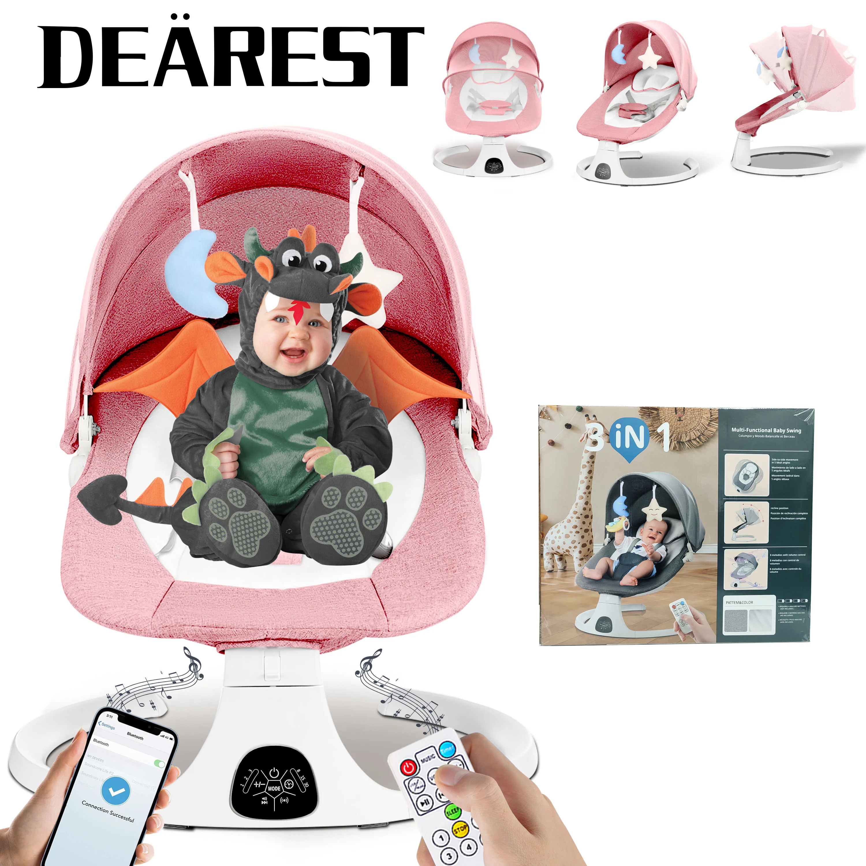 

Smart Electric Baby Rocking Chair with Mosquito Net & Tray, Adjustable Seat Angle for Ultimate Comfort Baby Electric Swing