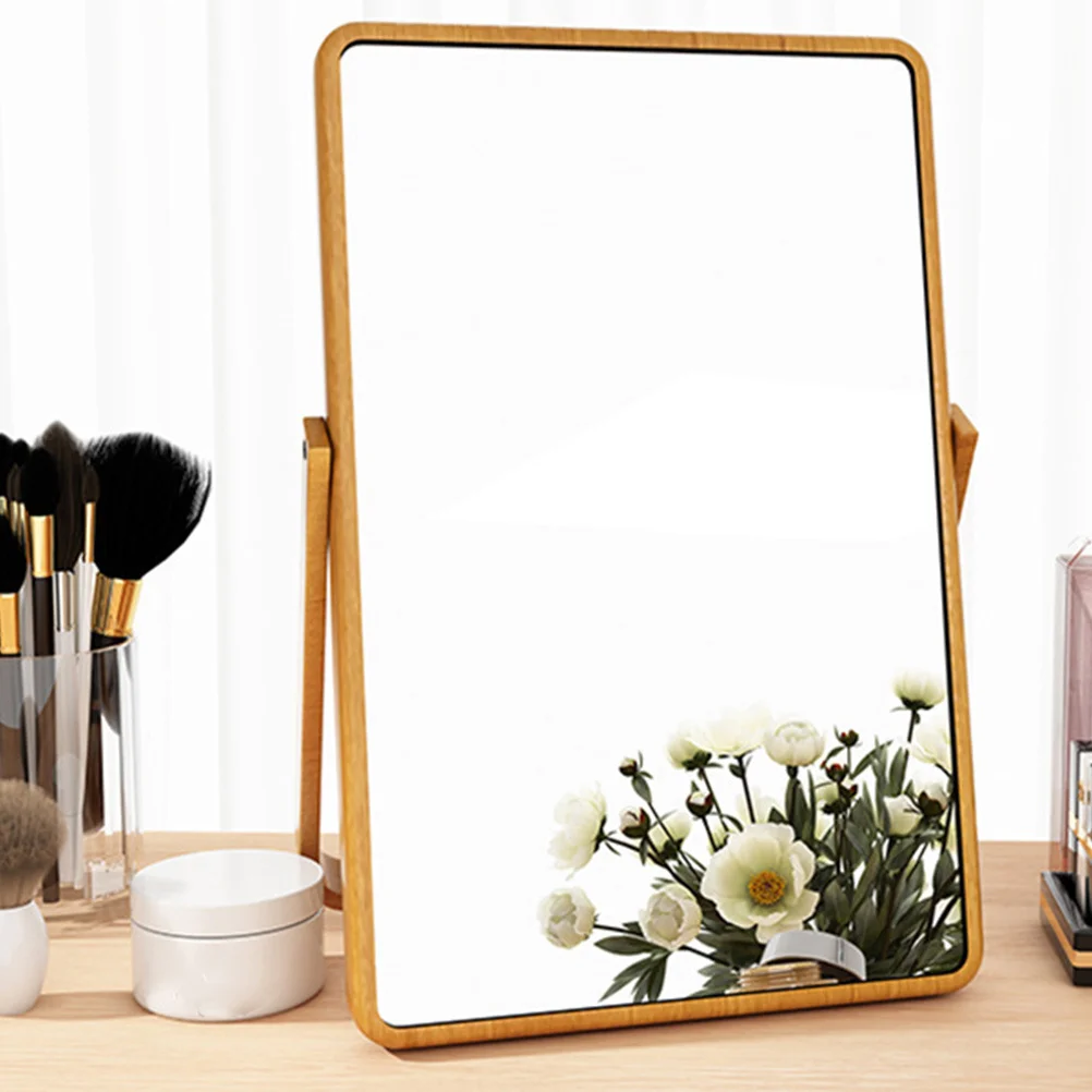 مرآة مكياج خشبية إبداعية من مادة ممتازة، تصميم مدمج أصفر فاتح، حواف ناعمة، مرآة زينة لغرفة النوم، ديكور سطح المكتب