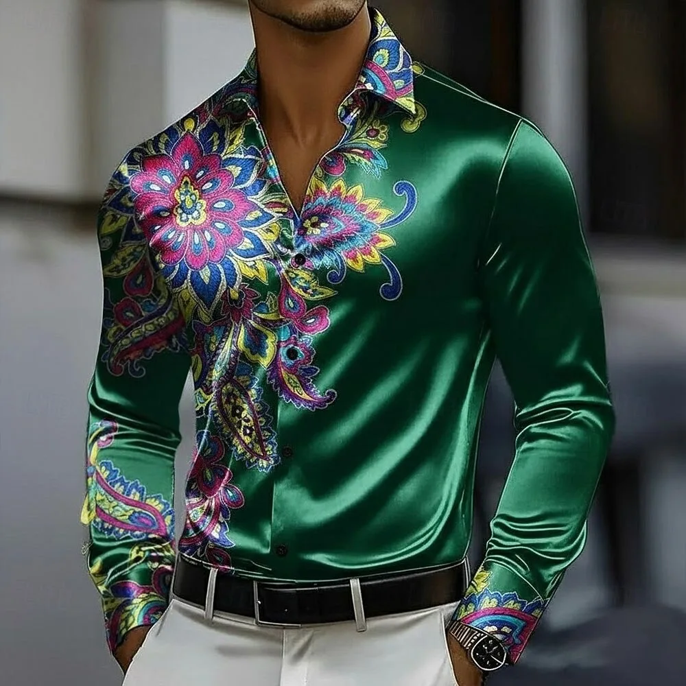 New men's fashionable geometric line printed long sleeved shirt with casual fashion design and slim fit style shirt
