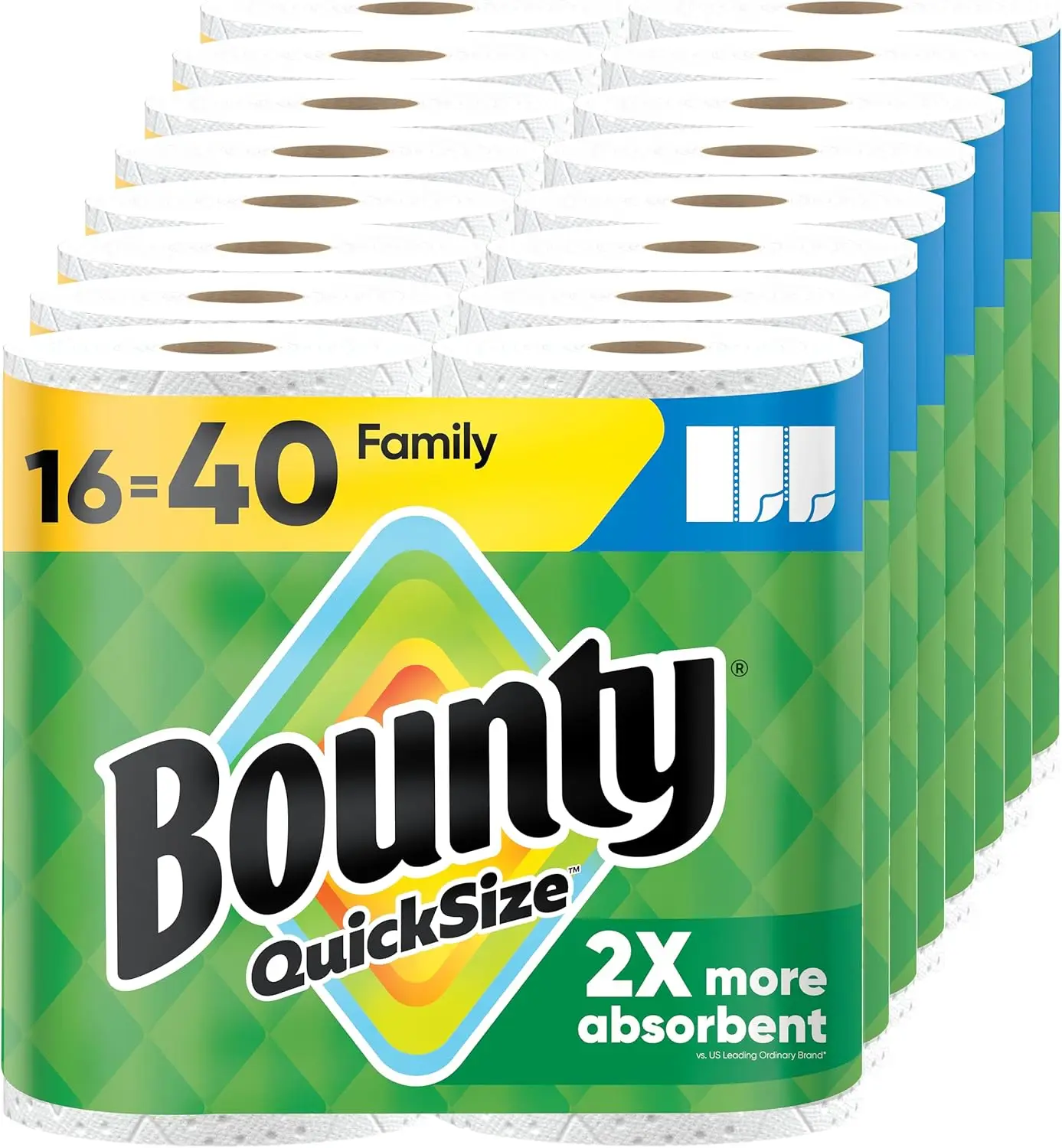 

Paper Towels Quick Size, 16 Family Rolls = 40 Regular Rolls, 2X Absorbent, Durable Diamond Texture