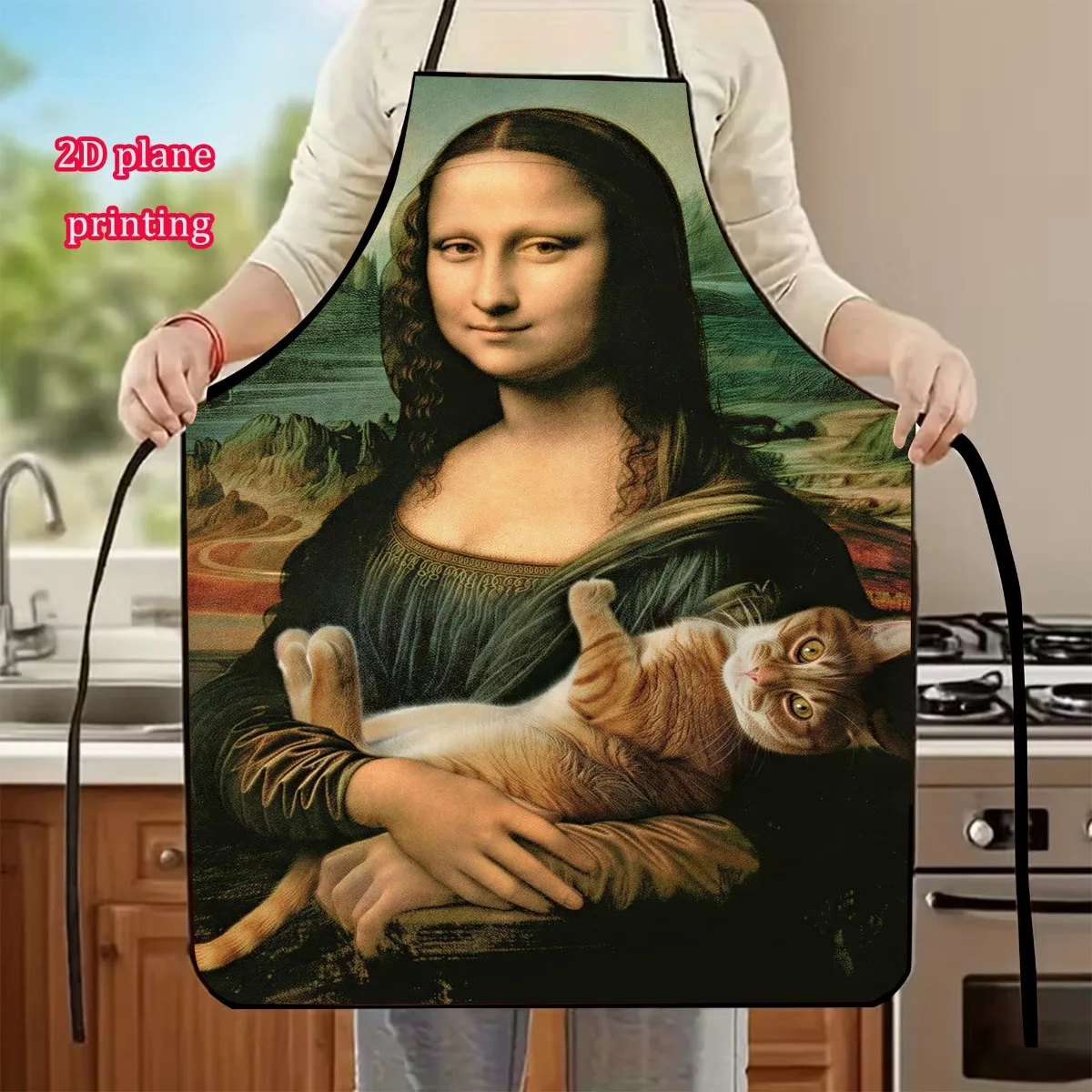 Vintage Renaissance Art Cat Portrait Apron 2D Plane Printing Kitchen Apron for Cooking Baking Gift
