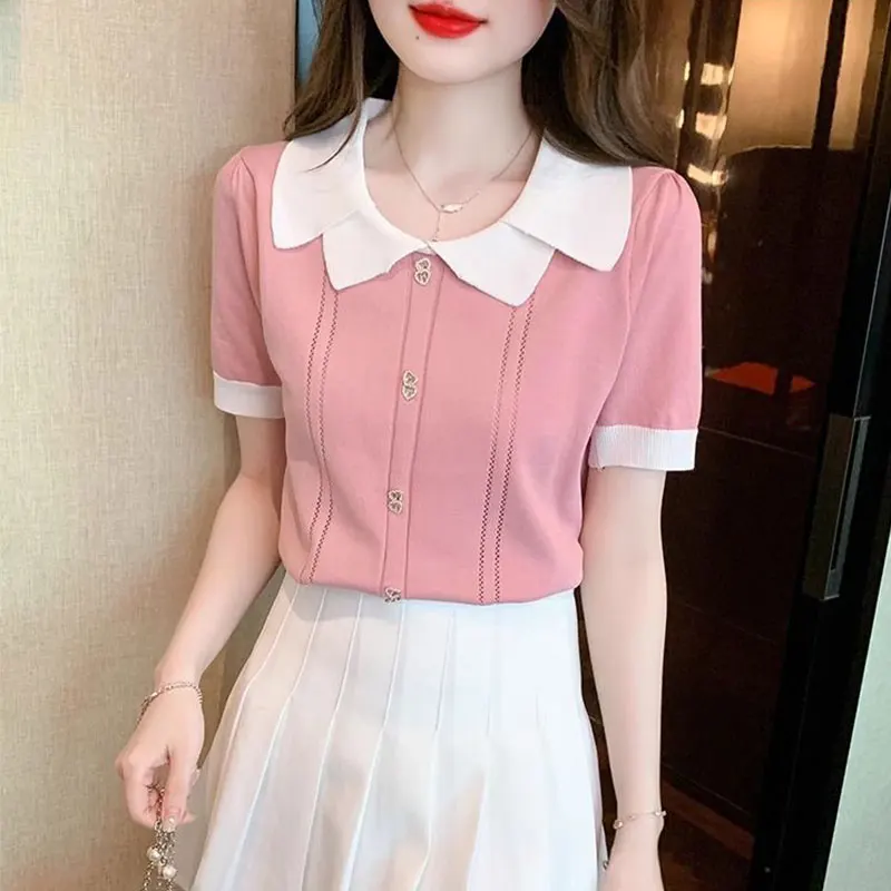 Women\'s Summer Casual Fashion Simplicity Doll Collar Short Sleeve T-Shirt Women Clothes Elegant All-match Temperament Slim Tops