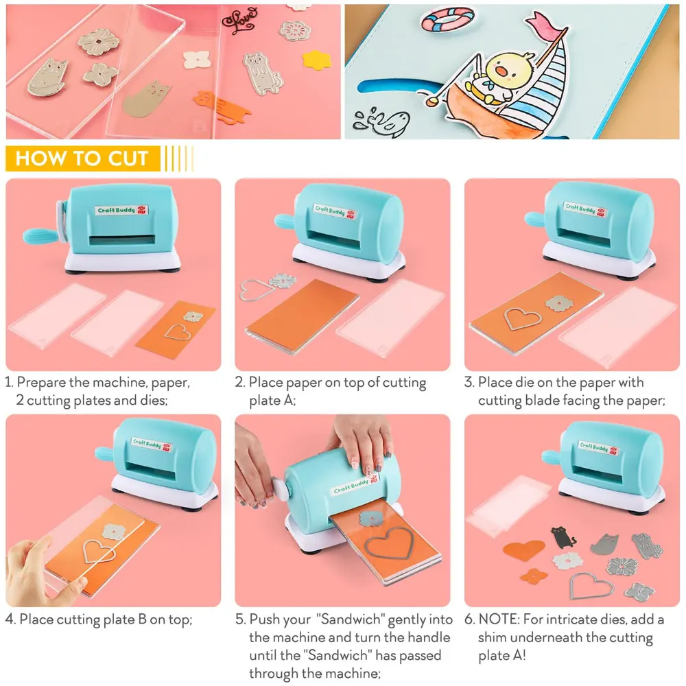 Pink embossing machine, 1 die cutting machine with 2 back panels, foldable extended platform cutting machine