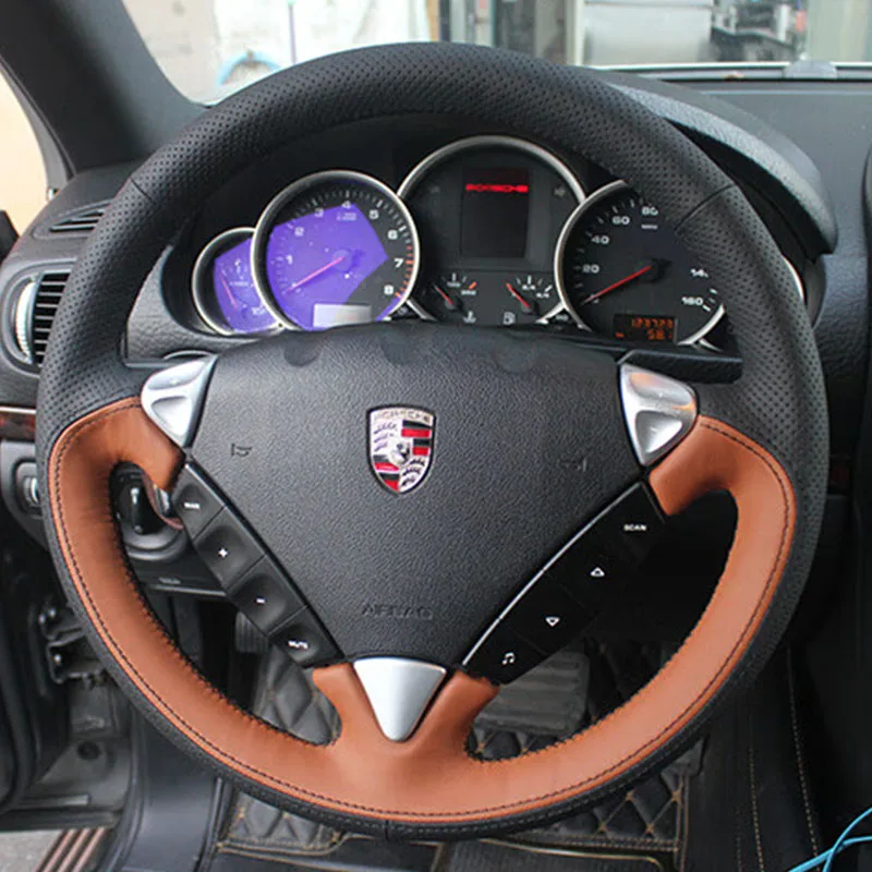 Black orange Genuine Leather Hand Stitched Car Steering Wheel Cover For Porsche 911 997 Boxster 987 Cayman Carrera 997 2004-2009