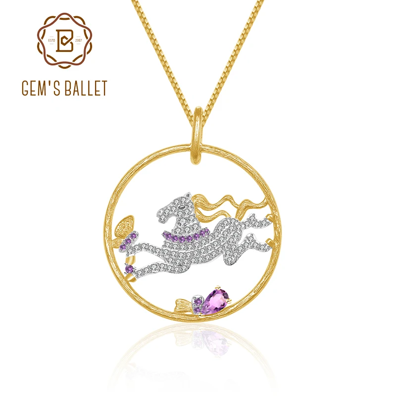 

Кулон-ожерелье ручной работы GEM'S BALLET из стерлингового серебра 925 пробы с натуральным аметистом, ювелирное изделие в виде скачущей лошади, для женщин