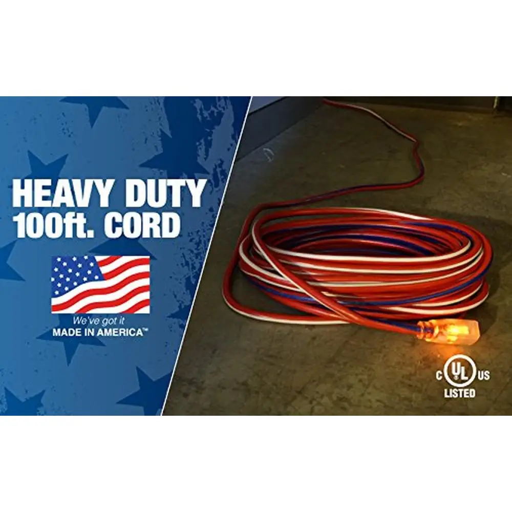 100Ft 12 Gauge 3 Conductor Patriotic Contractor Extension Cord Water Resistant Flexible Jacket Indoor Outdoor Jobsites Workshops