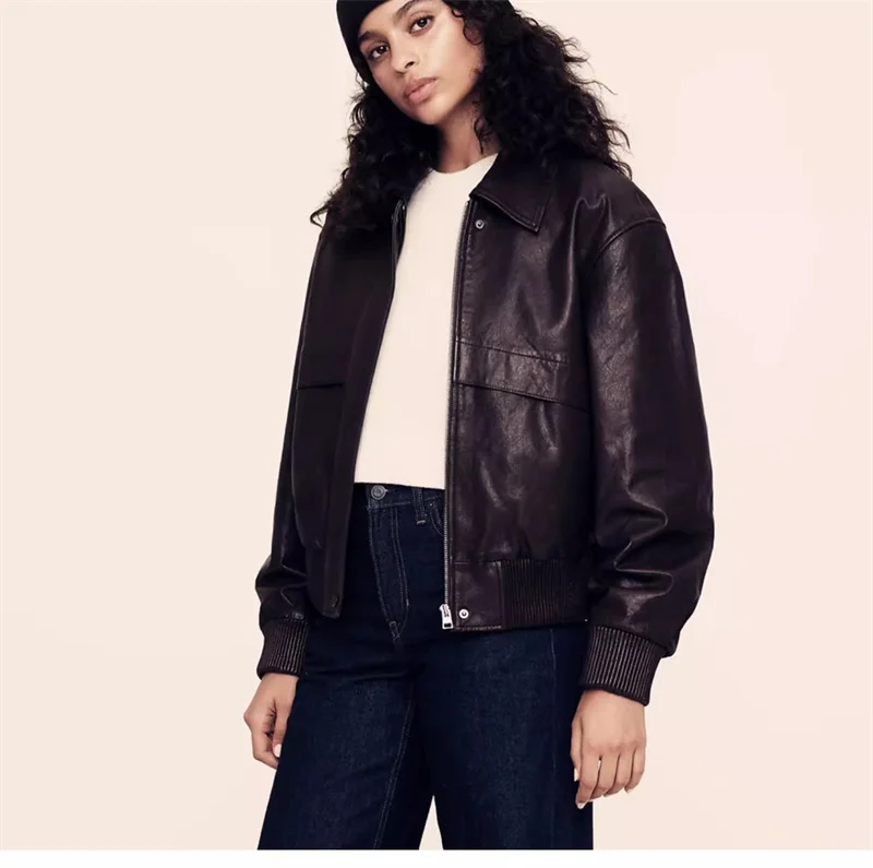 Oryginalna wersja! Kurtka damska ze skóry naturalnej, skóra licowa, jesienna, zapinana na zamek.