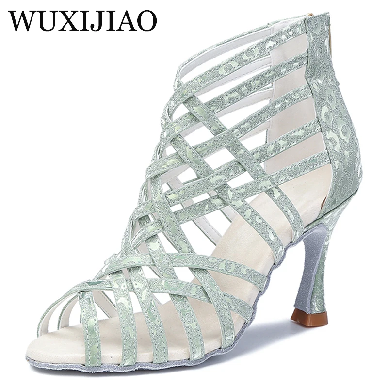 WUXIJIAO-Botas de baile latino para mujer, zapatos de baile de salón de caña alta, suelas suaves, zapatos de baile de Tango/Salsa, tacones altos de 5-10CM