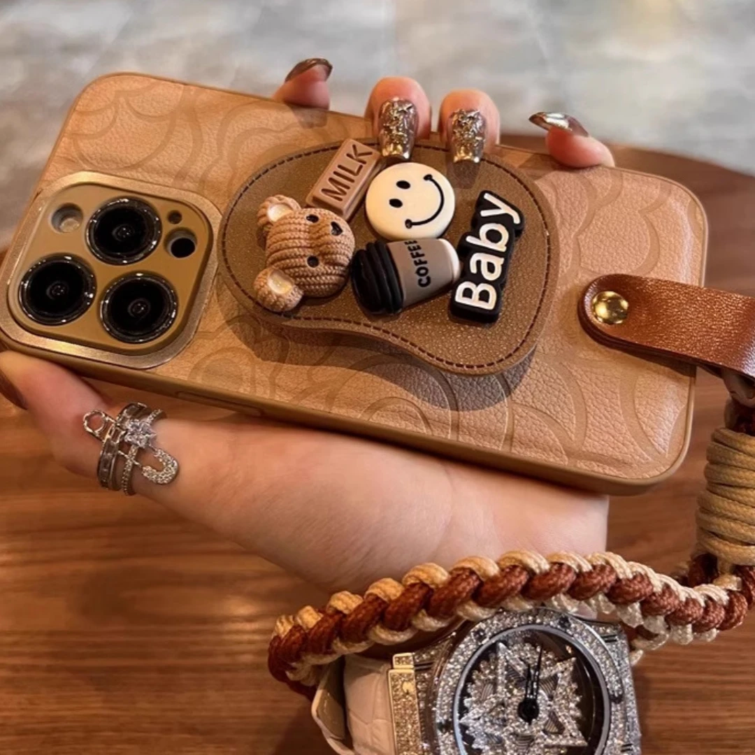 3D Bear Kickstand Phone Case for iPhone 11-17 Pro Max Huawei Mate 60 50 40 P70 Pro+ with Camellia Metal Camera Ring Design