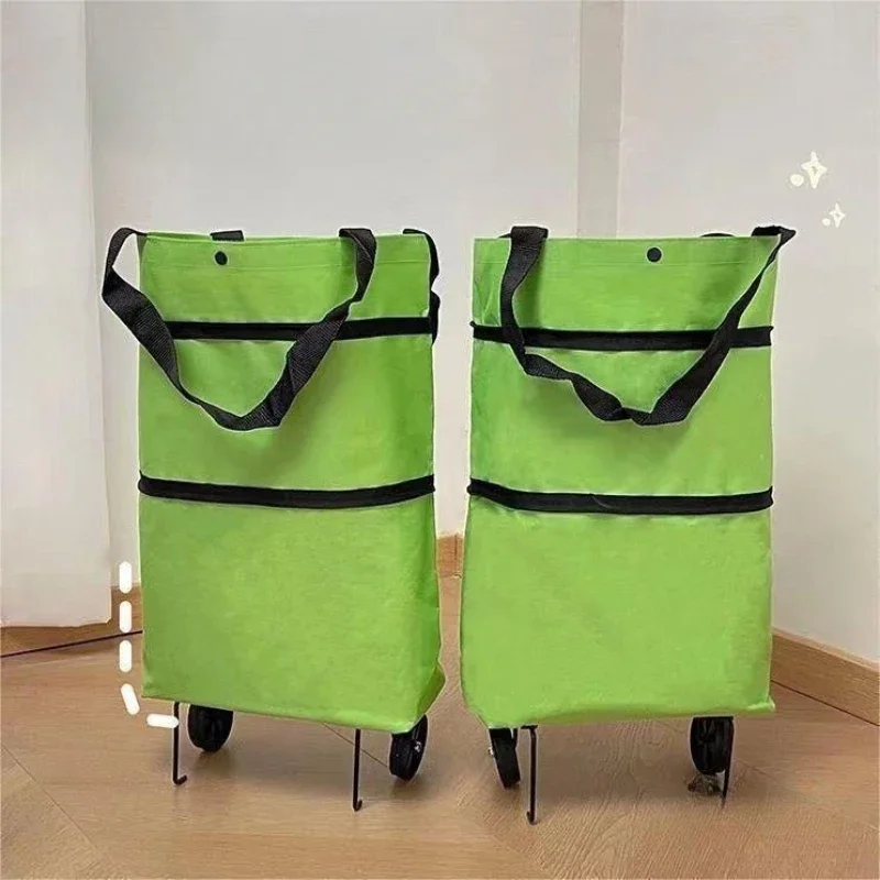 Reusable Foldable Shopping Bag with Wheels Trolley Cart Eco Large Waterproof Storage Luggage Basket Non-Woven Market Tote Pouch