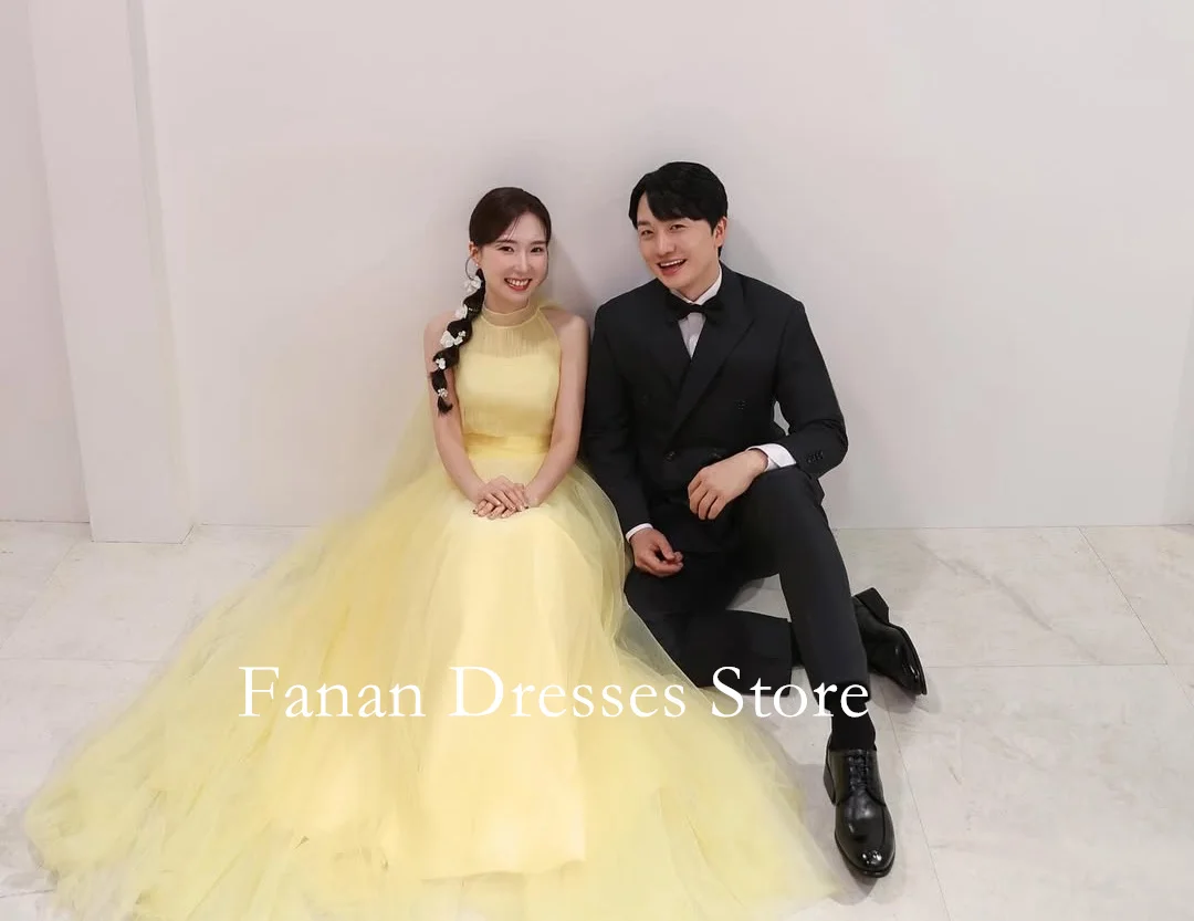 

FANAN Tulle O-Neck A-Line Evening Party Dresses Korea Ruched Yellow Backless Wedding Women Gowns Event Prom Gowns Customized
