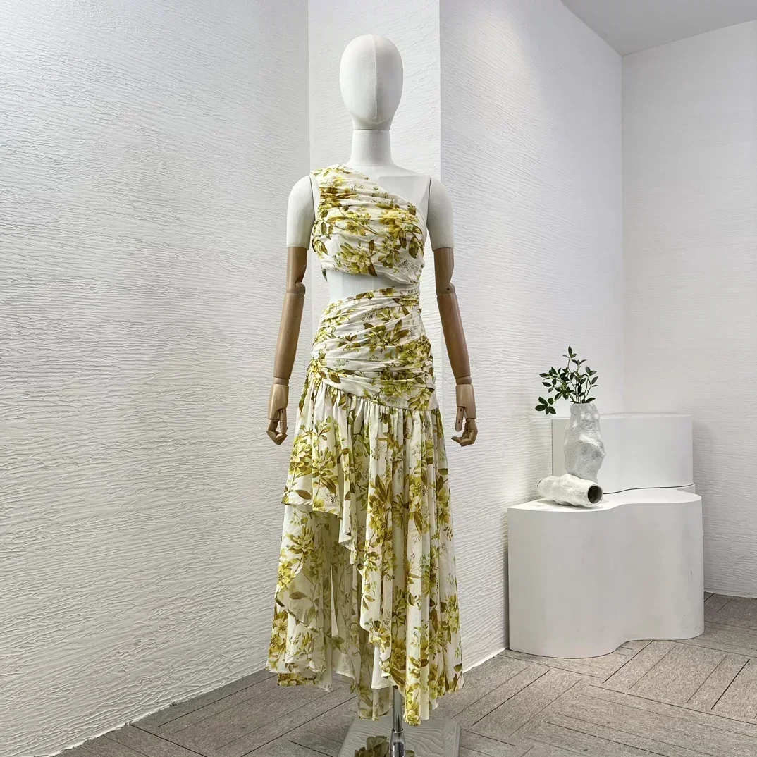 20204  White Yellow Floral Print Sleeveless Asymmetrical Shoulder Cut Out Waist Irregular Hem Summer Maxi Dress