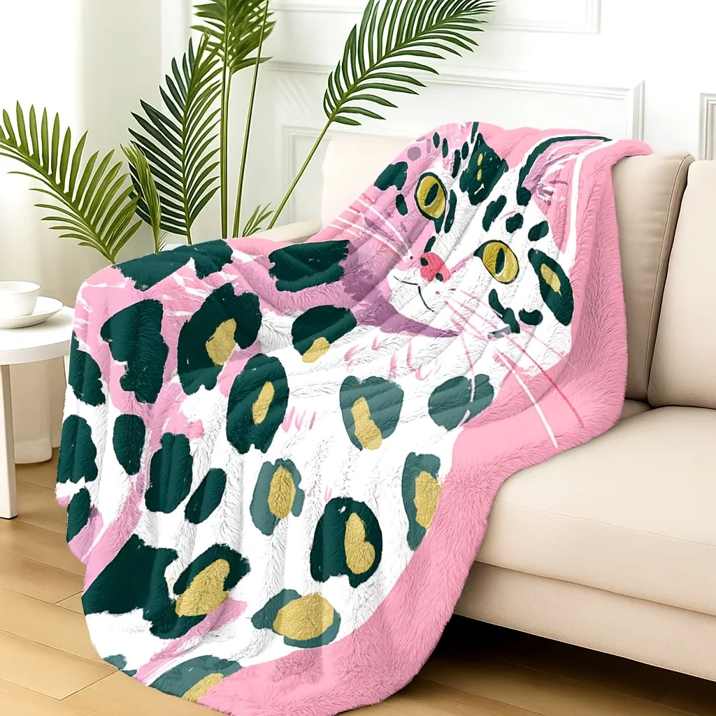 1pc Flannel Blanket, 2D Flat Printing Leopard Cat Animal Pink and Black Throw, Camping Blanket, Birthday/Holiday Gift, Suitable
