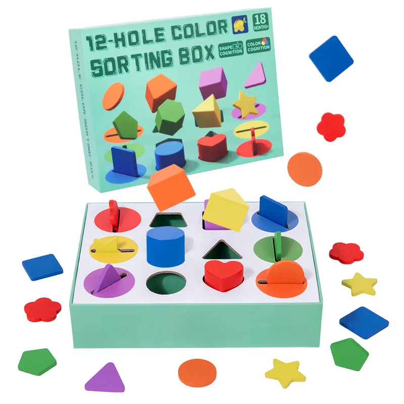 

Wooden Toy, Shape Sorter Coin Box with 12 Colors & Coins, Early Educational Learning Toys for Toddlers Babies