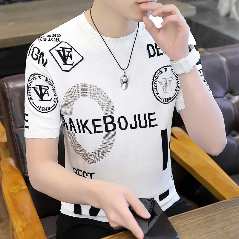 2024 Summer Thin Men\'s Short-sleeved Round Neck Slim Knit T-shirt