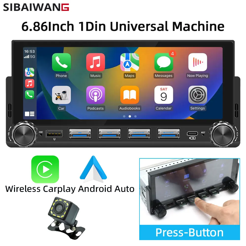 6.86Inch 1Din Wireless Carplay Android Auto Car Radio Video MP5 Player Support BT FM Car Stereo Type-C PD3.1 Fast Charging USB