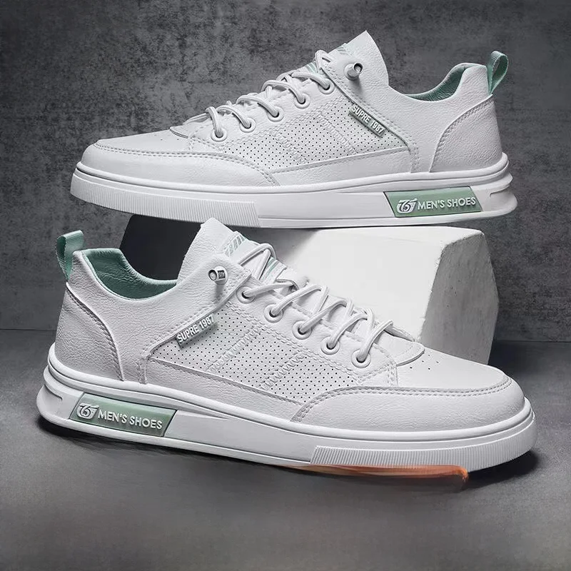 Men's Breathable Sporty Casual Shoes Spring Summer Flat Bottom Anti-slip Wear-resistant White Shoes Punched Design for Youth