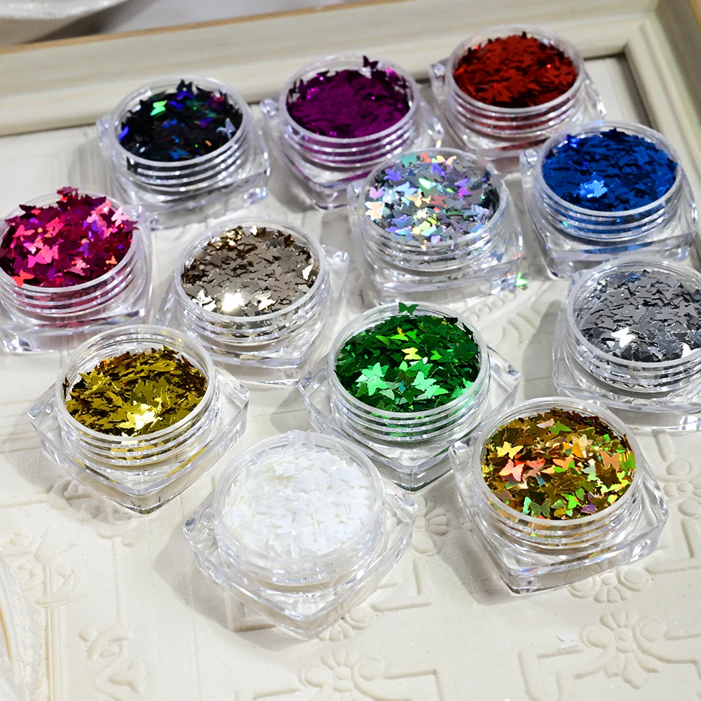 12Pcs 레이저 나비 네일 아트 반짝이 장식 조각 홀로그램 반짝 이는 나비 조각 Paillette DIY 매니큐어 장식 액세서리