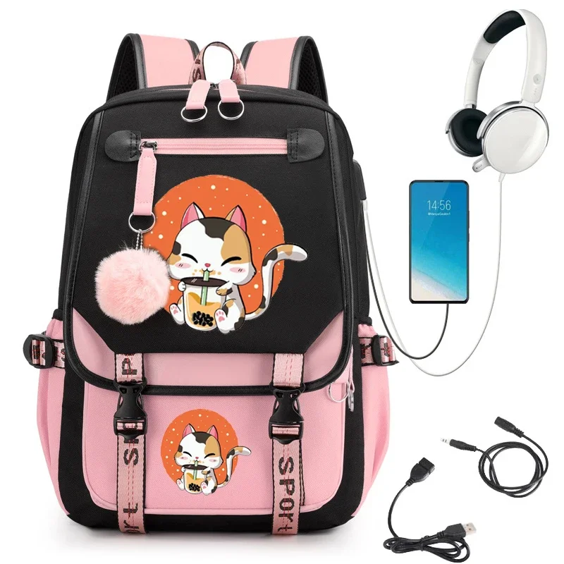 Kawaii Backpack Women Cat Boba Anime School for Teenager Girls Bookbag Bubble Tea Cute Travel Backbag Usb Shoulder Bags