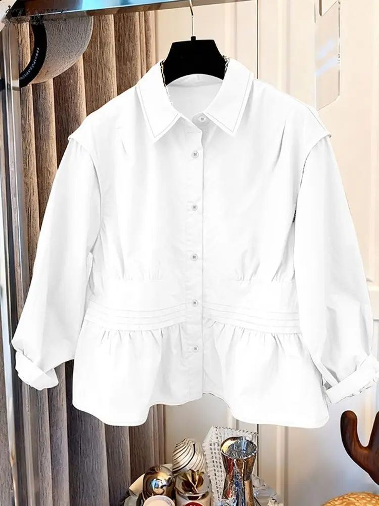 Zanzea moda feminina chique camisas turn-down colarinho manga longa botão up pintuck cor sólida topos outono 2025 roupas femininas S-3XL