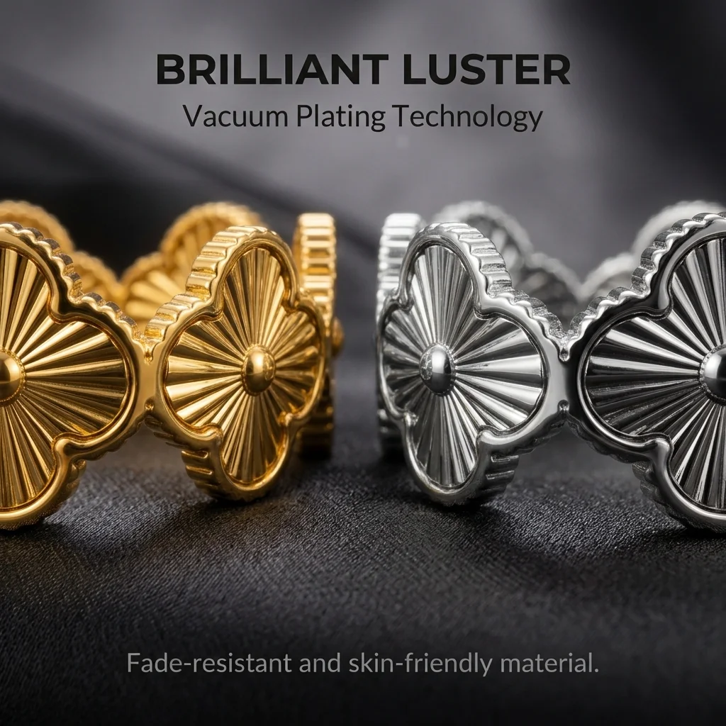 Goldfarbenes Snap-on-Blumenarmband, breites Edelstahlarmband für Damen, modisches Schmuckgeschenk – Detail 5