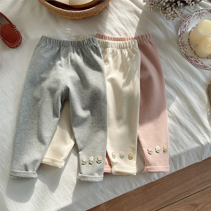 Wiosenno-jesienne, codzienne, elastyczne spodnie dla dziewczynek, z kwiatowym wzorem, uniwersalne długie spodnie dla małych dziewczynek, odzież wierzchnia dla dzieci.