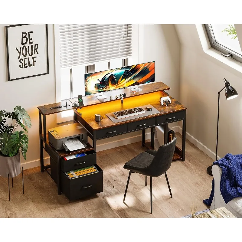 55 Inch Computer Desk with 3 Drawers and File Cabinet for Storage, Office Desk with Monitor Stand and LED Lights, Vintage