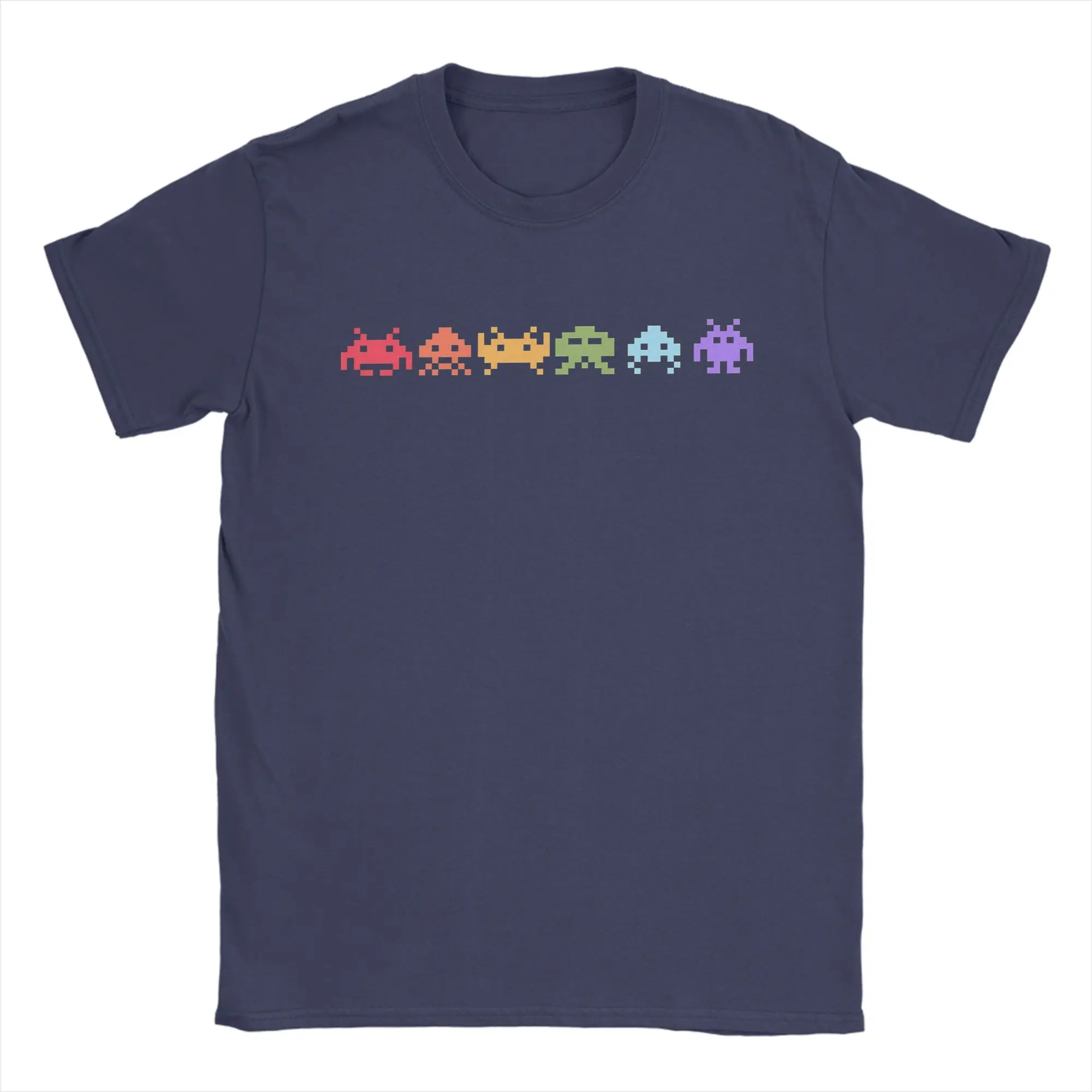 Funny Space Invaders Pixel Art Rainbow Aliens T-Shirts for Men Crewneck Cotton T Shirts  Short Sleeve Tee Shirt Plus Size Tops