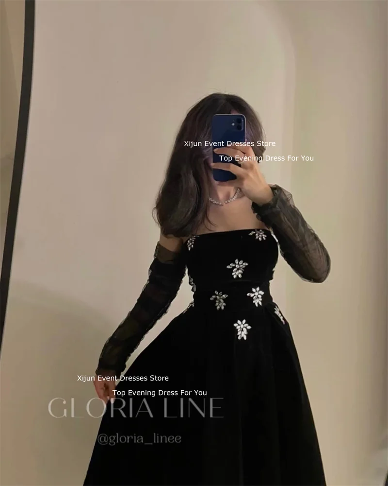 Xijun Black Velvet A-Line Evening Dresses Crystal Formal Saudi Arabric Prom Dresses Luxury Prom Gowns Party Dresses For Women